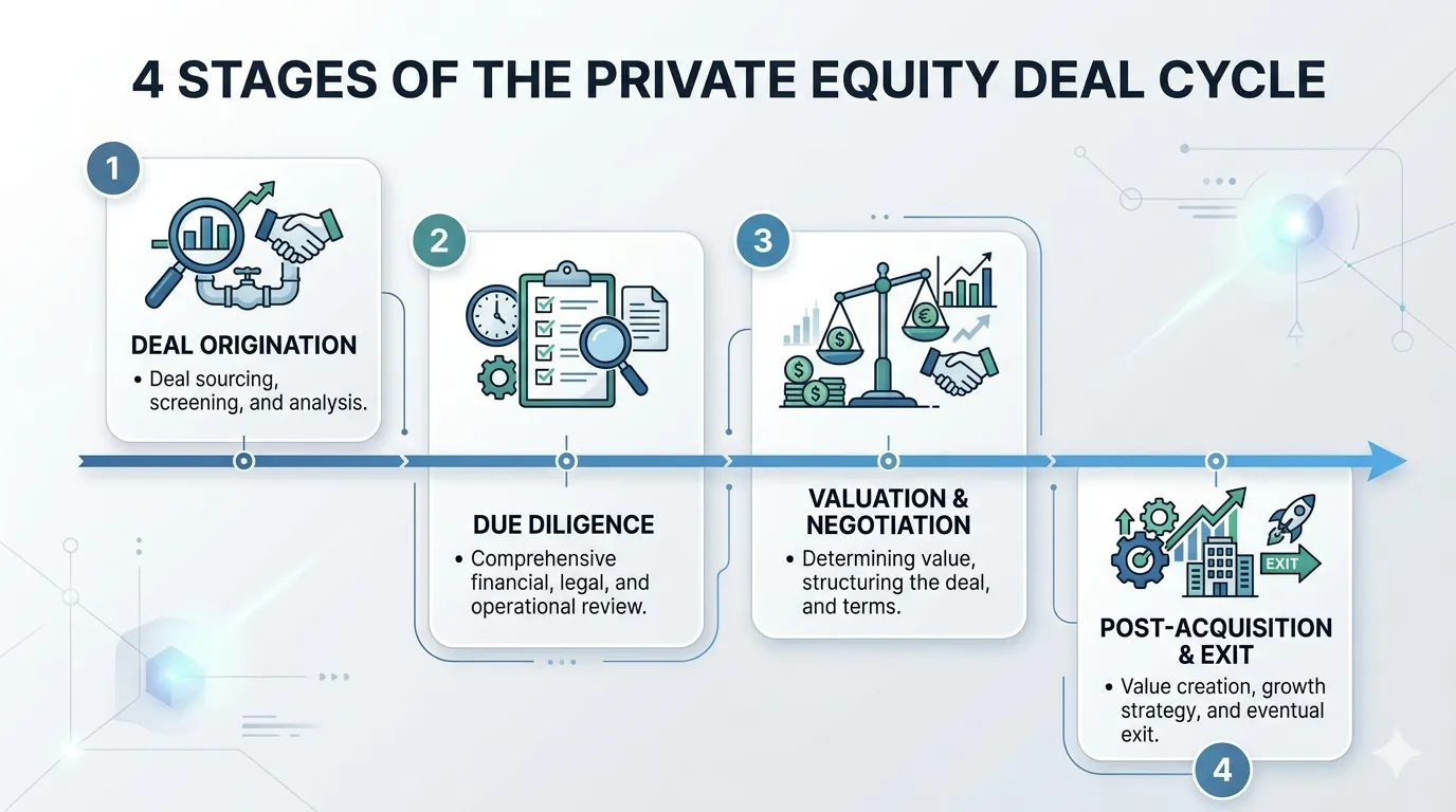 The private equity deal cycle: pre-deal, first 100 days, hold period, and exit preparation