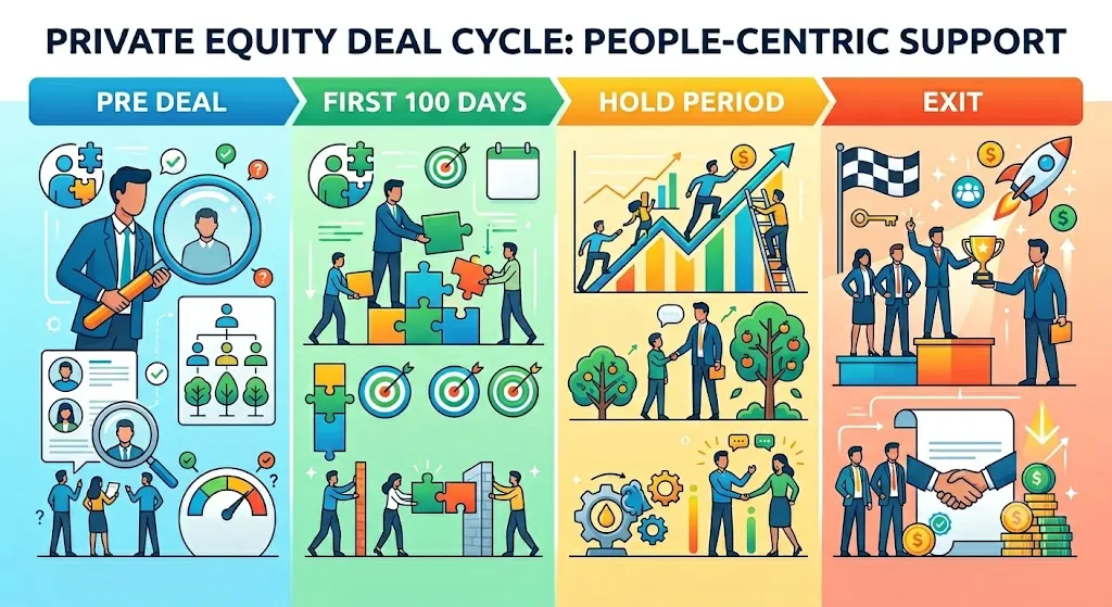 The private equity deal lifecycle: diligence in exclusivity, TUPE and integration at execution and post-close, and people vendor due diligence ahead of exit